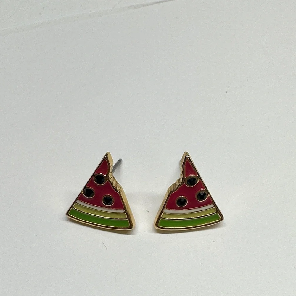 Kate Spade Watermelon Fruit Bite Earrings Stud 12K Gold Glass Stone Pink Shiny